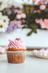 Pink sweet cupcake close-up on a background of flowers