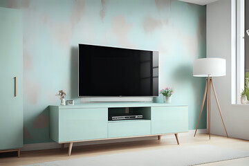 TV on cabinet in modern living room on pastel wall background, 3d rendering.