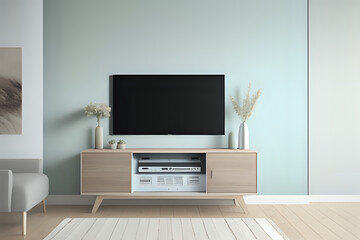 TV on cabinet in modern living room on pastel wall background, 3d rendering. Modern living room
