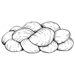 Vector challah Jewish bread, Fresh homemade braided bread black and white illustration. Hand drawn bakery food for Shabbat designs, menus, recipes, cookbooks