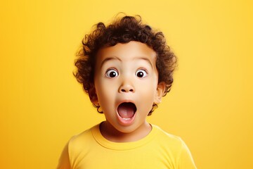 Baby is surprised and excited opening eyes and mouth on yellow background