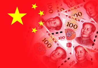 Chinese flag combined with Chinese yuan. Basemap and background concept. Double exposure hologram.
