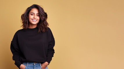An Indian woman wearing black sweatshirt isolated on pastel background - Powered by Adobe