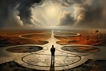 Navigating the Mind: Man standing in front of multiple circular path returning back to starting point. - obrazy, fototapety, plakaty