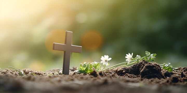 The cross of jesus christ bright sunlight,Religious Faith Images,Stone Cross on nature green bokeh background.The Cross symbol of christian and Jesus Christ.