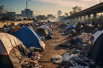 A city with tents and garbage. There are poor homeless people