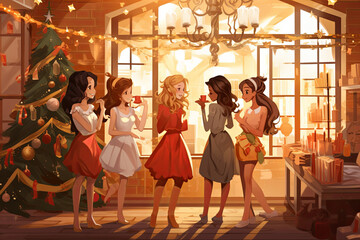 Obraz premium illustration of beautiful women in evening dresses who celebrate new year or Christmas