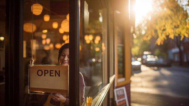 Small Business Owner Hangs 'OPEN' Sign with Hope and Determination