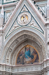 Florence, Italy - October 04, 2023: Details of the exterior of the di Santa Maria del Fiore or Cathedral of Saint Mary of the Flower - the main church of Florence, Tuscany, Italy.