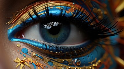 Vibrant Gold and Colorful Eye Makeup with Intricate Details - obrazy, fototapety, plakaty