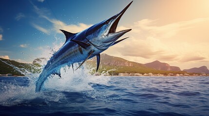 Close up Black marlin fish jumping to mid air over sea. AI generated image - obrazy, fototapety, plakaty