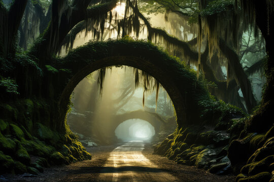 Trees Aglow magic forest arch dark fantasy. High quality photo