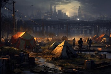A city with tents and garbage. There are poor homeless people - obrazy, fototapety, plakaty