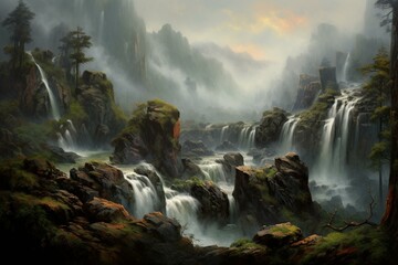 Waterfall with cascading falls, mountain, foggy sky, stream. Generative AI