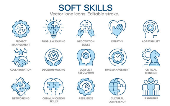 Soft skills flat icons, such as leadership, teamwork, problem solving, empathy and more. Editable stroke.