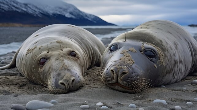 Southern elephant seals join relaxing on the beach. AI generated image