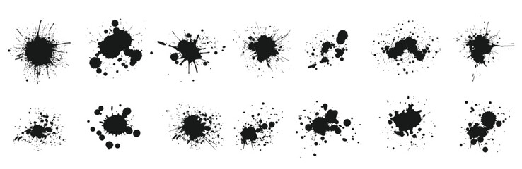 Black drops set white background. Ink drops and splashes. Blotter spots, liquid paint drip drop splash and ink splatter. Artistic dirty grunge abstract spot vector set. Vector Illustration  - obrazy, fototapety, plakaty