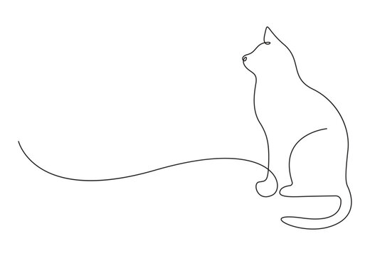 Continuous one line drawing of cat. Cat sitting with curled tail. Isolated on white background vector illustration. Pro vector. 
