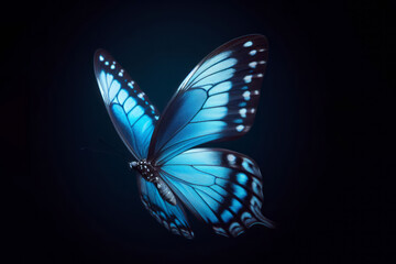 Beautiful blue butterfly in full body close-up portrait, flying with grace
