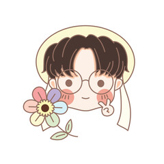 little boy holding rainbow flower and sniff the scent
