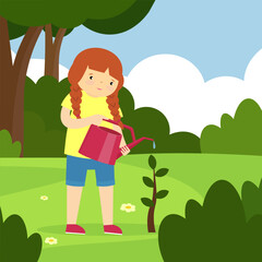 Girl watering a tree with a watering can in the park. Vector illustration