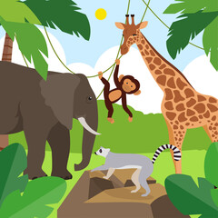 Cute animals on the jungle. Vector illustration in flat style.