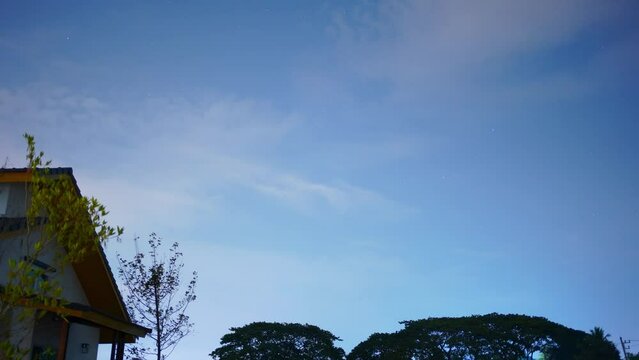 timelapse landscape and nature concept with lot of star and night sky with house and tree