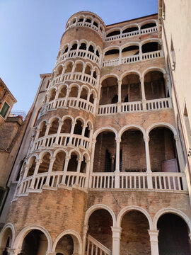 Scala Contarini del Bovolo or Palazzo Contarini del Bovolo in Venice. The Palazzo Contarini del Bovolo is a small palazzo known with spiral staircases. Venice, Italy.