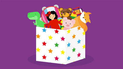 Illustration of childrens toys in a box on a purple background