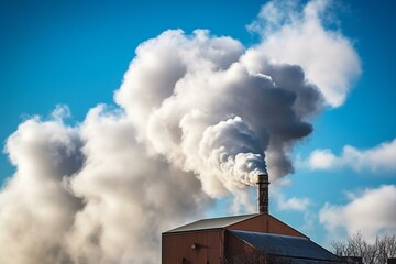 Smoke rises from factory chimney against blue sky. Generative AI