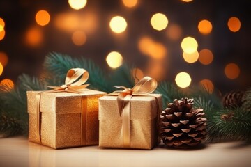 Fototapeta na wymiar These beautiful gift boxes are adorned with luxurious golden ribbons and Christmas decorations, radiating beauty against a sparkling bokeh background.Generative AI