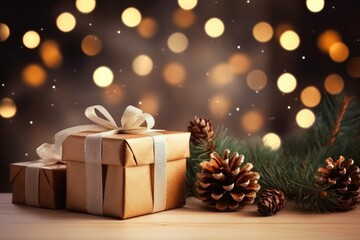 Obraz na płótnie Canvas These beautiful gift boxes are adorned with luxurious golden ribbons and Christmas decorations, radiating beauty against a sparkling bokeh background.Generative AI