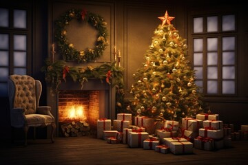 Obraz na płótnie Canvas This stunning 3D rendering captures the beauty of a shining Christmas tree, presents, and a fireplace at night.Generative AI