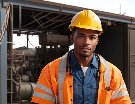 Portrait of young African-American man in hardhat standing at warehouse.