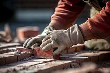Close up hands of bricklayer, construction worker laying bricks