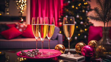 A luxury room decorated in a pop-up fuchsia color. Champagne glasses on the table, Christmas...