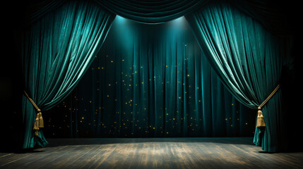 Teal curtain in theatre. - obrazy, fototapety, plakaty