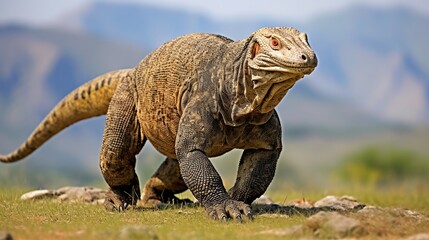Big Komodo dragon walking on the ground. AI generated image - obrazy, fototapety, plakaty