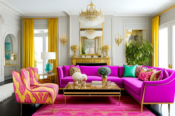 A glamorous Hollywood Regency style living room with bold colors and patterns. Luxury living room - obrazy, fototapety, plakaty