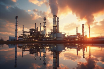 Fototapeta na wymiar Oil refinery plant form industry zone with sunrise and cloudy sky. equipment steel pipes plant