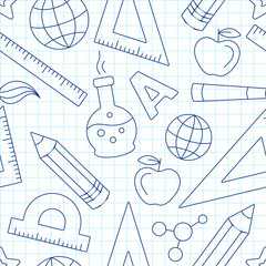 Background with school elements. Seamless pattern with ruler, protractor, globe, flask, letter A, pencil, apple, pen, atomic structure, brush on a grid background. Doodle style, blue thin lines. - obrazy, fototapety, plakaty