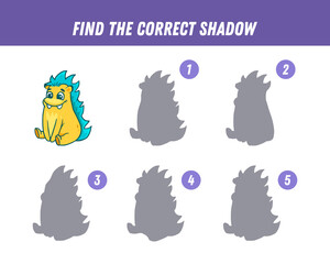 Find correct shadow of cute monster. Educational logical game for kids. Halloween game. Cartoon monster. 