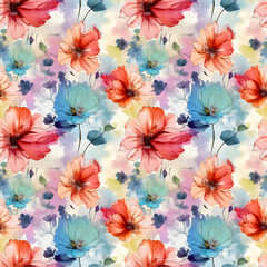 Colorful summer flowers seamless pattern designed with watercolor. . Emotional tender romantic feeling. Paint wash bleeds in paper, Design for packaging, wall decoration, Fashionable print for textile