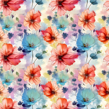 Colorful summer flowers seamless pattern designed with watercolor. . Emotional tender romantic feeling. Paint wash bleeds in paper, Design for packaging, wall decoration, Fashionable print for textile