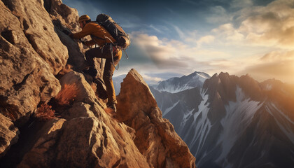 Man mountain climber climbing a mountain