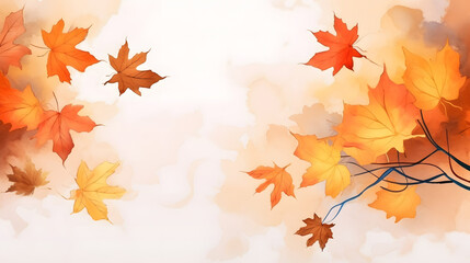 Watercolor abstract background autumn collection with maple and seasonal leaves. Hand painted watercolor natural art