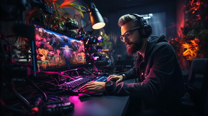 Male gamer playing computer games at home at night. Programming and it concept. AI generated
