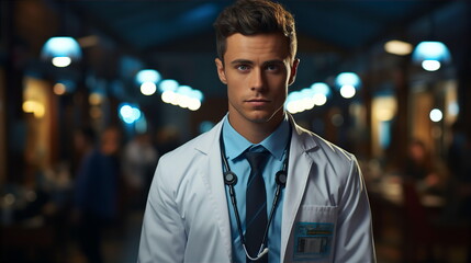 Fototapeta premium Portrait of young male doctor in white coat in clinic. Insurance medicine and quality medical care concept. AI generated