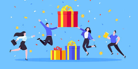 Earn loyalty program points, get online reward and gifts. Get loyalty card and customer service business concept flat design vector illustration. Tiny people won big gift box prize.
