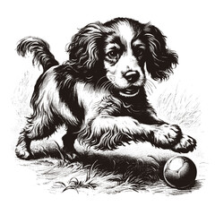 Cocker Spaniel playing with a ball. Hand Drawn Engraving Pen and Ink. Vector Isolated in White. Engraving vintage style illustration for print, tattoo, t-shirt, sticker - obrazy, fototapety, plakaty